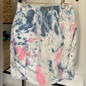 Denim miniskirt vintage acid washed psychedelic jean skirt pink blue